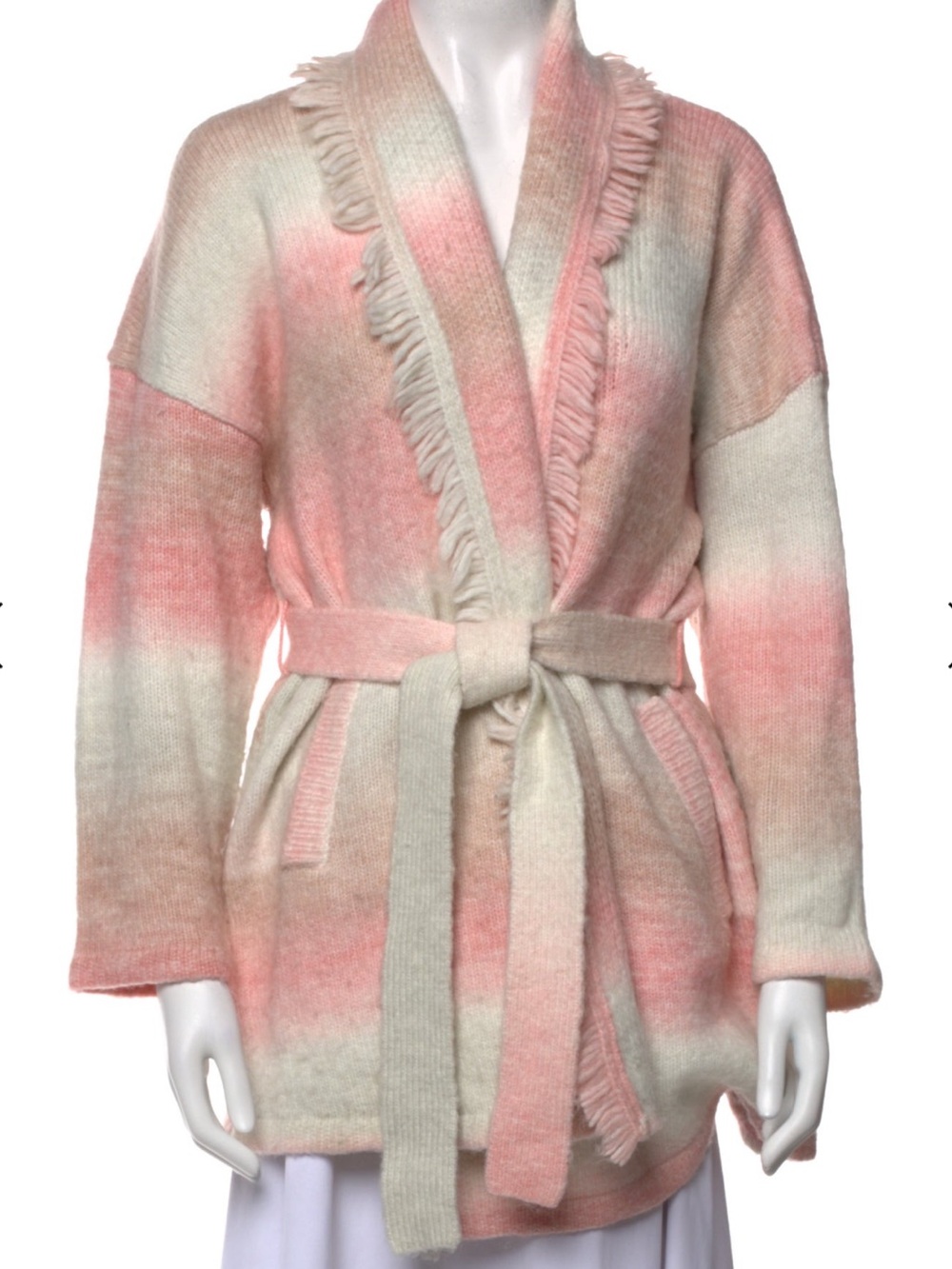 XiRENA Pink and Cream Belted Fringed Cardigan Sweater